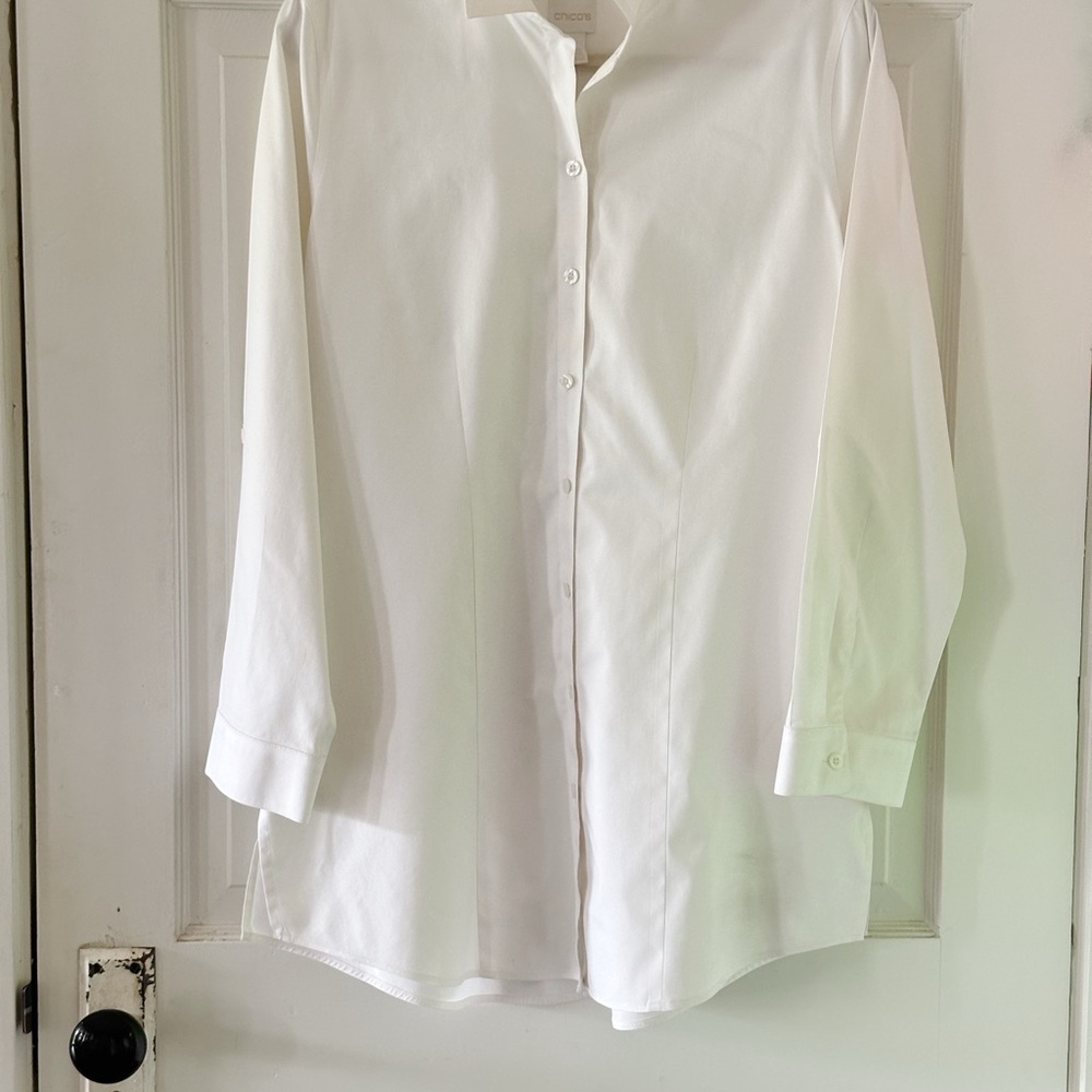 Chico’s white button up woman’s no-wrinkle blouse, size 1